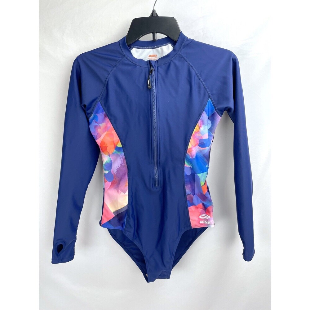 Axesea Women 10 Blue One Piece Rash Guard Swimsuit Long Sleeve Zipper